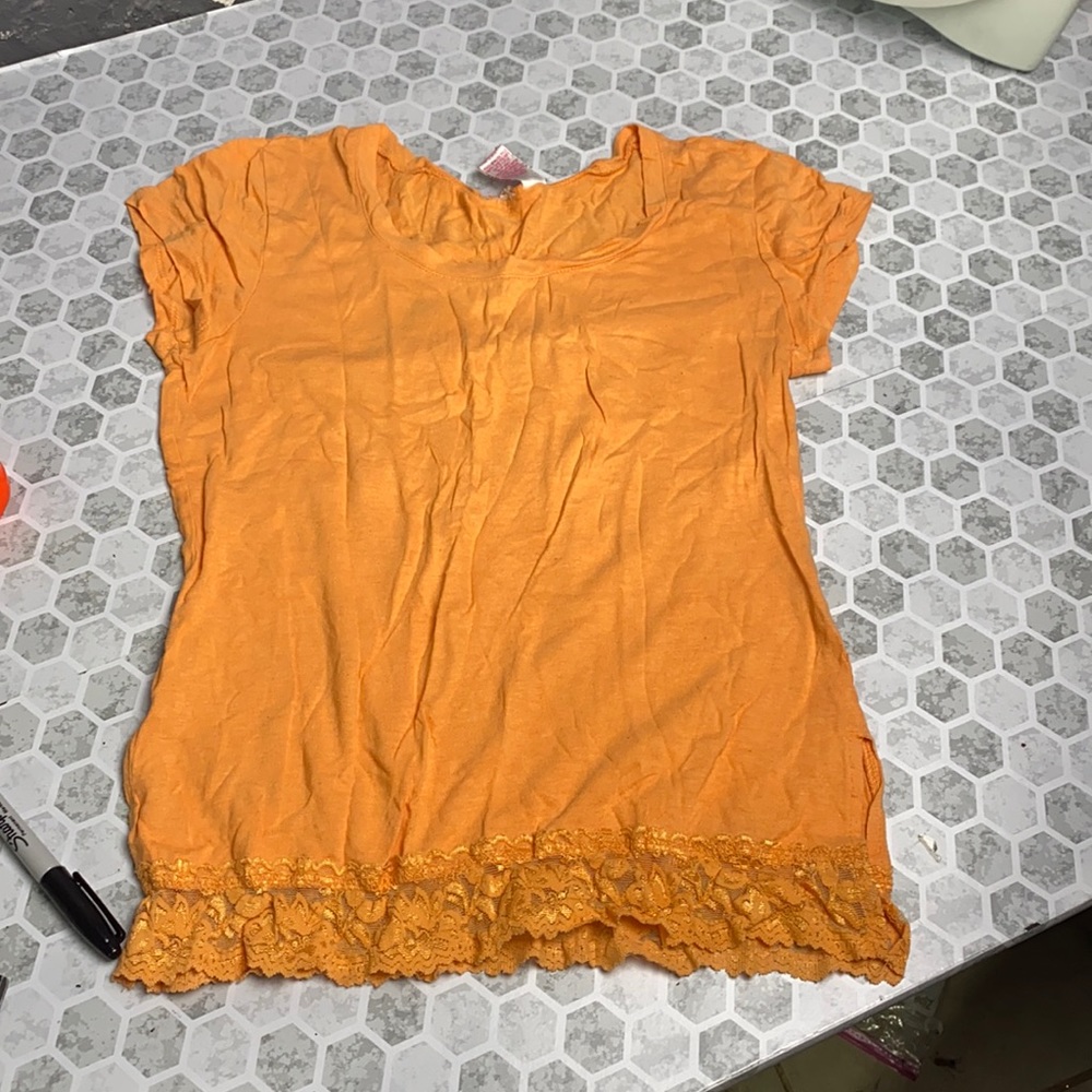 Small Orange Short Sleeve Floral Lace T Shirt